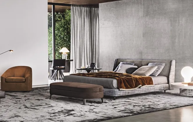 La chambre Spencer offre un design industriel travaillé et sophistiqué. © Minotti