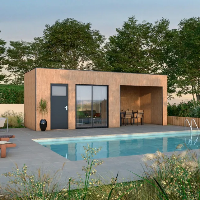 Un poolhouse en bois sur-mesure aménagé en petit salon