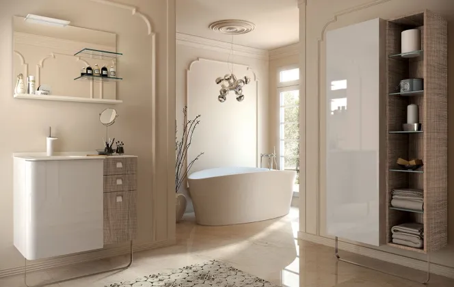 Cette salle de bain haut de gamme laquée ravira les passionnés du vintage grâce à ses teintes nacrées. © Pyram